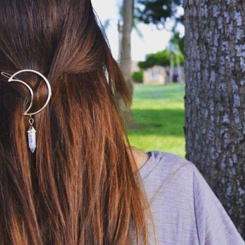 Gold Tone Crescent Moon with Purple Drop Hair Clip